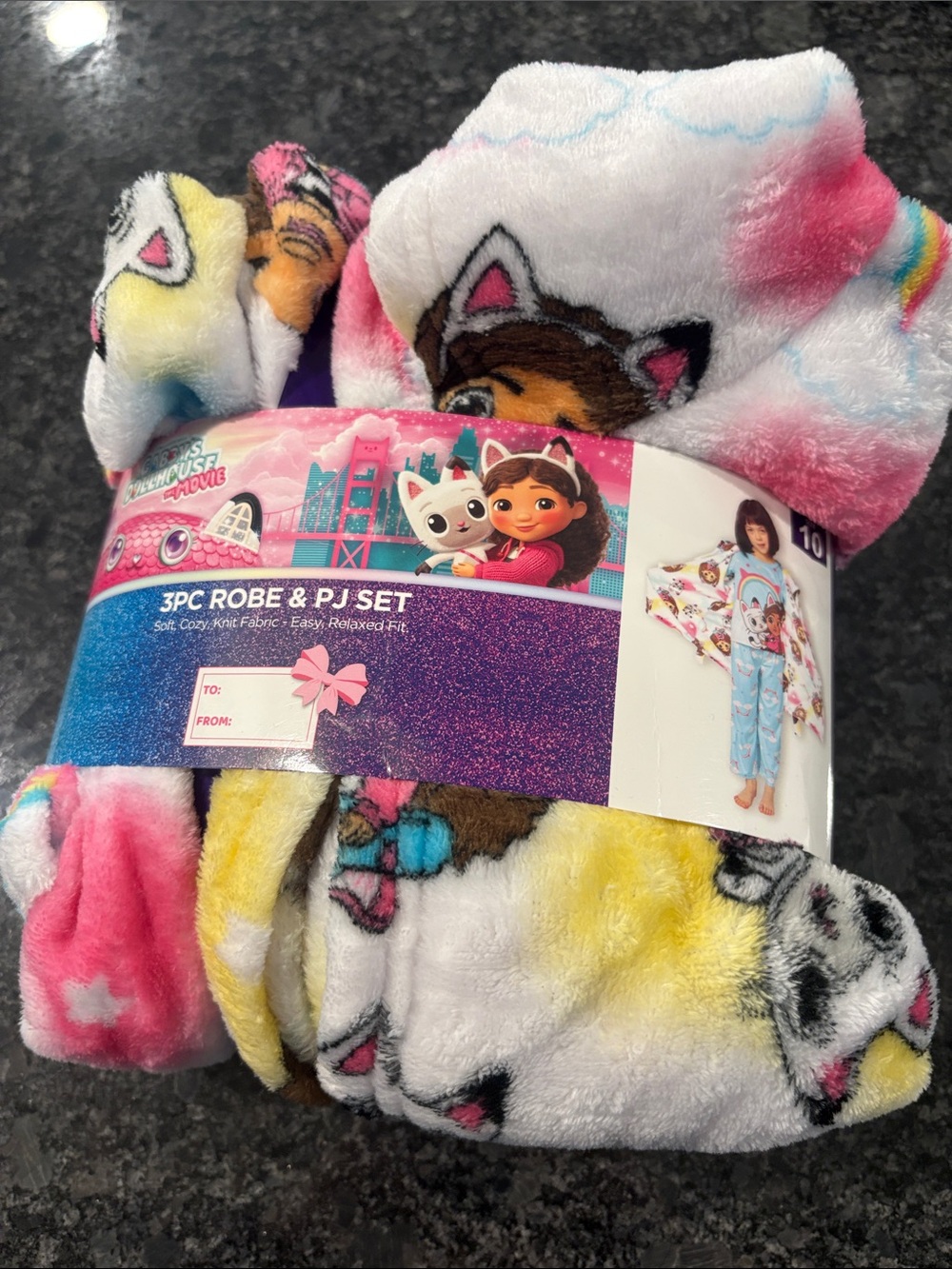 Dollhouse Kids 3-Piece Plush Robe & PJ Set - Pink, White, Yellow, Blue